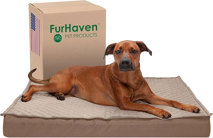 Furhaven Water-Resistant Memory Foam Dog Bed for Large Dogs w/ Removable Quilt Top & Washable Cover, For Dogs Up to 95 lbs - Indoor/Outdoor Quilt Top Convertible Mattress - Sand, Jumbo/XL