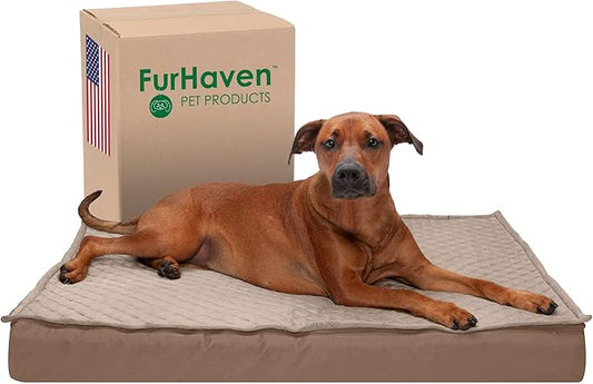 Furhaven Water-Resistant Memory Foam Dog Bed for Large Dogs w/ Removable Quilt Top & Washable Cover, For Dogs Up to 95 lbs - Indoor/Outdoor Quilt Top Convertible Mattress - Sand, Jumbo/XL