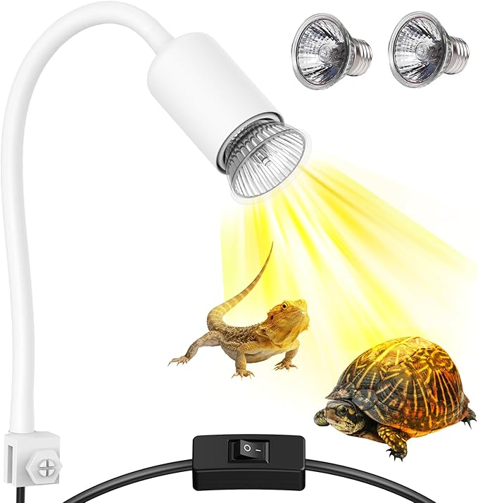 Reptile Heat Lamp, 360° Rotatable UVA/UVB Light Lamp with 2 Pack Basking Bulbs (25W + 35W), Suitable for Bearded Dragon, Reptiles, Turtle, Lizard, Snake (White)