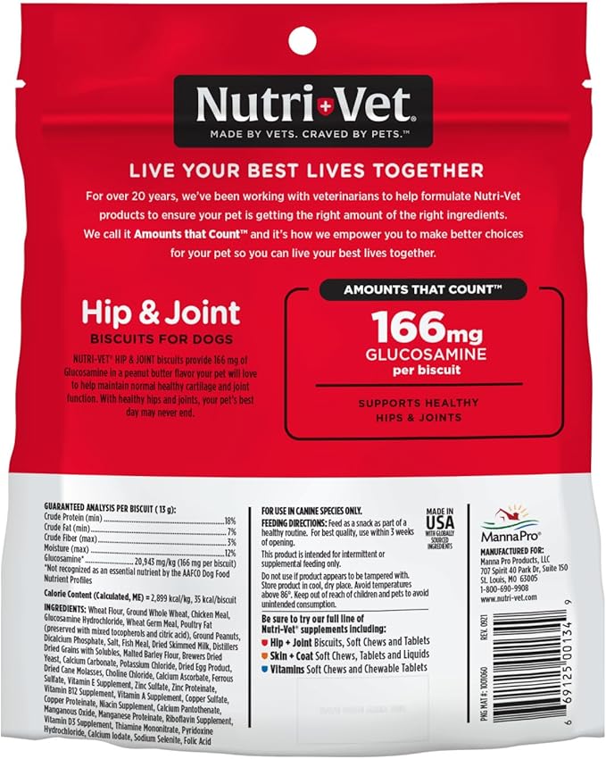 Nutri-Vet Hip & Joint Biscuits for Dogs - Tasty Dog Glucosamine Treat & Dog Joint Supplement - Small Sized Biscuit with 166mg Glucosamine - 19.5 oz - (Package May Vary)
