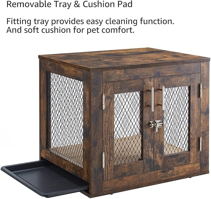 unipaws Small Dog Crate Furniture with Tray for Dogs, Cats, Min Pigs, Rabbit, Indoor Aesthetic Puppy Kennel, Modern Decorative Wood Pet House Dog Cage, Pretty Cute End Side Table Nightstand, Rustic