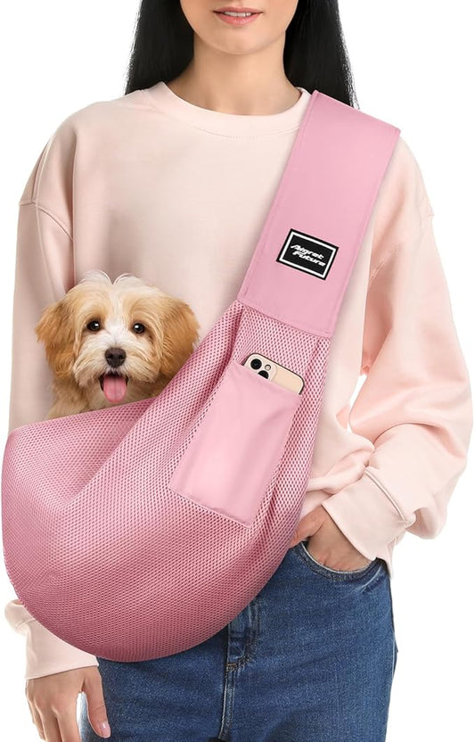 Dog Carrier Sling, Hand-Free Dog Sling Carrier for Small Dogs and Cats，Travel Safety Puppy Bag (Pink)