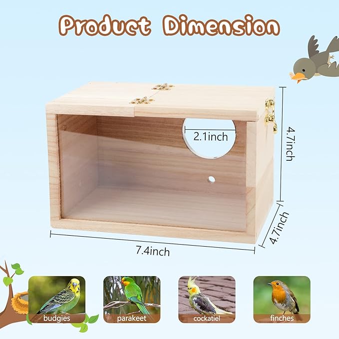 Parakeet Nesting Box Transparent Bird House for Cage Natural Wood Breeding Box for Parrot Parakeet Cockatiel Lovebirds Budgie Conure and Other Small Birds