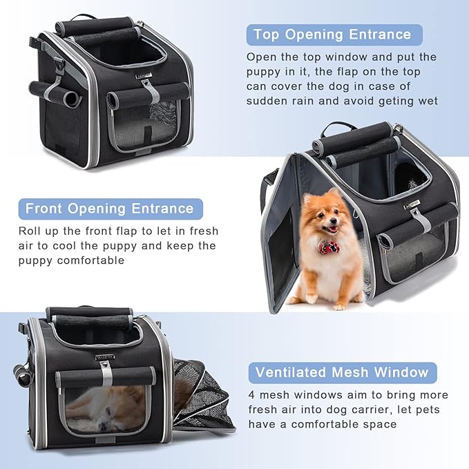 Dog Bike Basket, Expandable Soft-Sided Pet Carrier Backpack with 4 Open Doors, 4 Mesh Windows for Small Dog Cat Puppies-Black