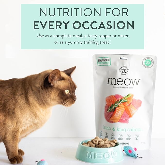 Meow Lamb & King Salmon Freeze Dried Raw Cat Food, Mixer, or Topper, or Treat - High Protein, Natural, Limited Ingredient Recipe 9.9 oz