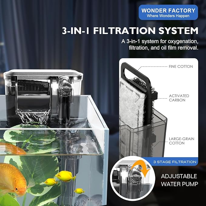 Fish Tank Aquarium 1.5 Gallon AIO Starter Kit, Including HD Float Glass Small Fish Bowl, Self-Cleaning Filter, light, Rocks, Gravel, Plants, Cleaning Tool Set.Beginner's Gift for Snails, Guppy, Shrimp