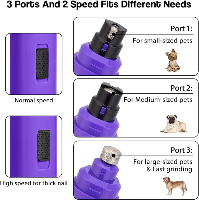 Casfuy Dog Nail Grinder Upgraded - Professional 2-Speed Electric Rechargeable Pet Nail Trimmer Painless Paws Grooming & Smoothing for Small Medium Large Dogs & Cats (Purple)