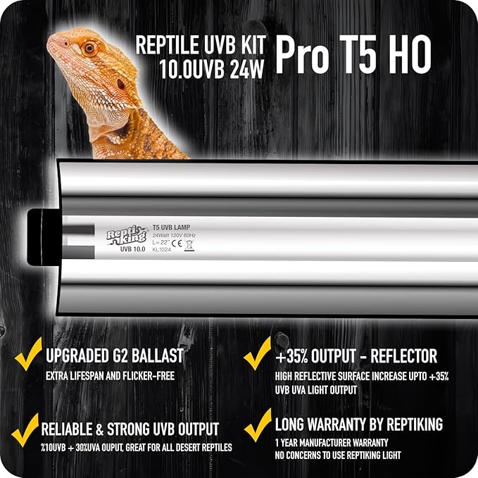 UVB Reptile Light, T5 UVB10.0 24W Light Fixture and UVB Tube Kit, for Desert-Dwelling Reptiles, Bearded Dragon UVB Light