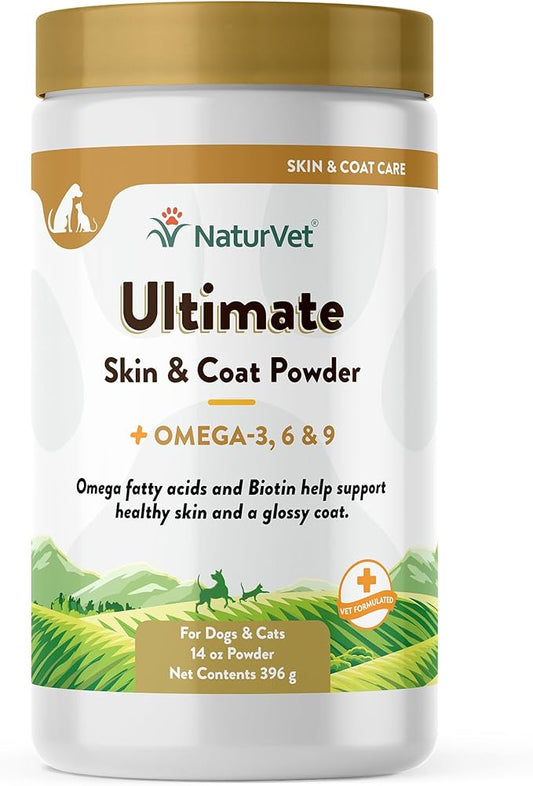 NaturVet Ultimate Skin and Coat Powder Plus Omega 3, 6 and 9 Supplement for Dogs and Cats, Powder, Made in The USA with Globally Source Ingredients 14 Ounce