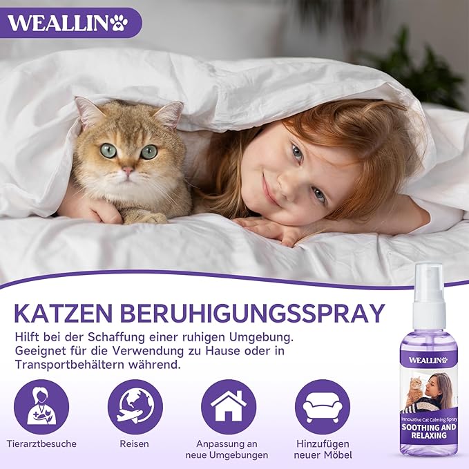 Cats Calming Spray (60 ML), Natural Calming Solution for Cats-Cat Facial Pheromone, Reduce Stress, Anxiety, Scratching, Hiding, Suit for Home, Travel, Vet Visits, Protect Furniture, Floors