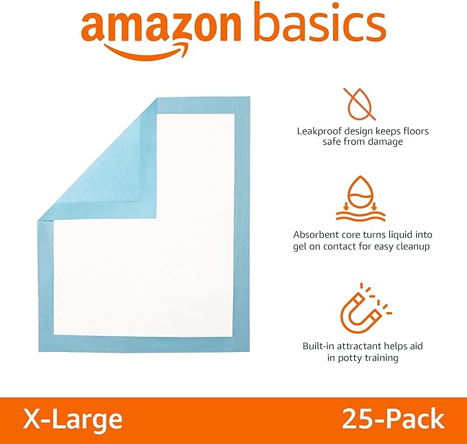 Amazon Basics Dog and Puppy Pee Pads with 5-Layer Leak-Proof Design and Quick-Dry Surface for Potty Training, Heavy Duty Absorbency, X-Large, 28 x 34 Inch - Pack of 25, Blue & White