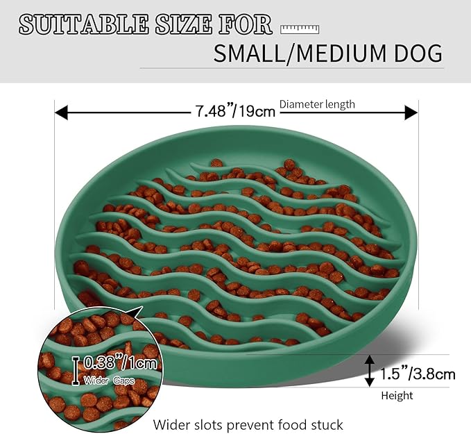 Slow Feeder Dog Bowls, Silicone Food Bowl Anti-Gulping, Pets Puppy Slow Feeder with Suction Cups, Dishwasher Microwave Safe for All Small Medium Dogs, Wave Design Green