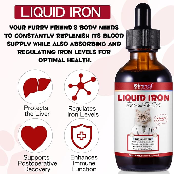 Liquid Iron Supplements for Cats,60ML,LiquiI Iron with Vitamin C and B12,Supports Anemia, Low Enery Levels and Lethargy,Promotes Blood Health, Helps with Formation of Red Blood Cell