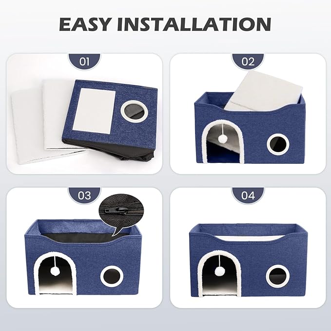 Heeyoo Cat House for Indoor Cats - Large Cat Bed Cave with Fluffy Ball and Scratch Pad, Foldable Cat Houses & Condos, Cat Cubes, Cat Hideaway, Covered Cat Bed for Multi Small Pet Large Kitty