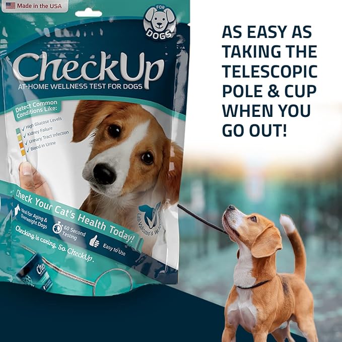 CheckUp Kit at Home Wellness Test for Dogs | Telescopic Pole, Detachable Cup & 2 Test Strips | Detects 4 Most Common Pet Health Indicators - Glucose, Protein, pH and Blood in Urine | 2 Strips