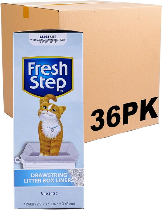 Fresh Step Drawstring Cat Litter Box Liners, Unscented, Size Large, 30" x 17" | Kitty Litter Bags - 7 Count - 36 Pack, Cat Litter Liners for All Cats to Keep Your Home Clean