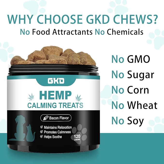 GKD Calming Chews for Dogs, Dog Calming Chews Anxiety Relief, Hemp Calm Dog Calming Treats Care for Puppy-Small-Medium-Large Dogs, Stress Sleep Travel Pain Separation Fireworks Aid