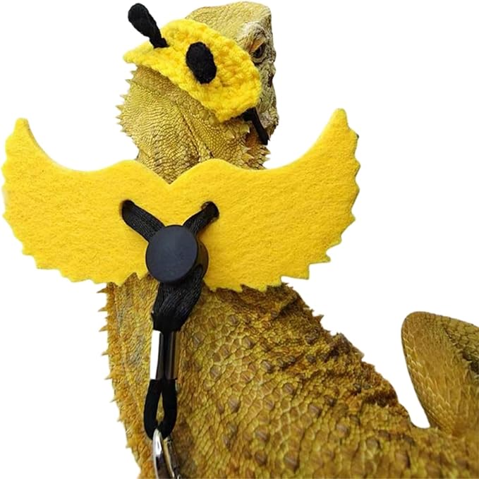 Bearded Dragon Harness and Leash Set - Adjustable Lizard Traction Rope with Wings Knitted Bee Hat Outdoor Walking Leash Escape Proof Reptile Bee Costume Accessories for Lizard Small Pets (Yellow)