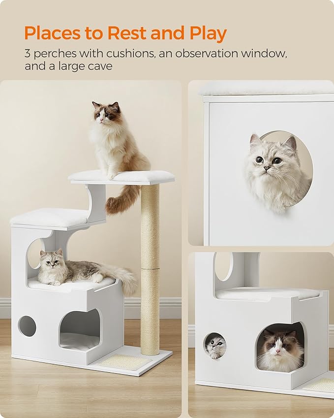 Feandrea WoodyWonders Cat Tree, 33.8-Inch Modern Cat Tower, Cat Condo with 3 Perches, Scratching Post and Mat, Cave, 4 Removable Washable Cushions, Cloud White UPCT070W01