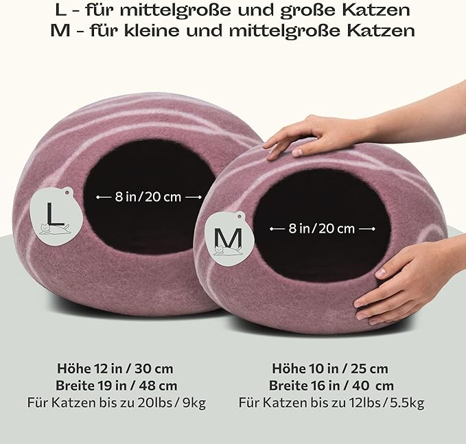 MEOWFIA Premium Felt Cat Bed Cave - Handmade 100% Merino Wool Bed for Cats and Kittens (Light Shades) (Large, Pink)