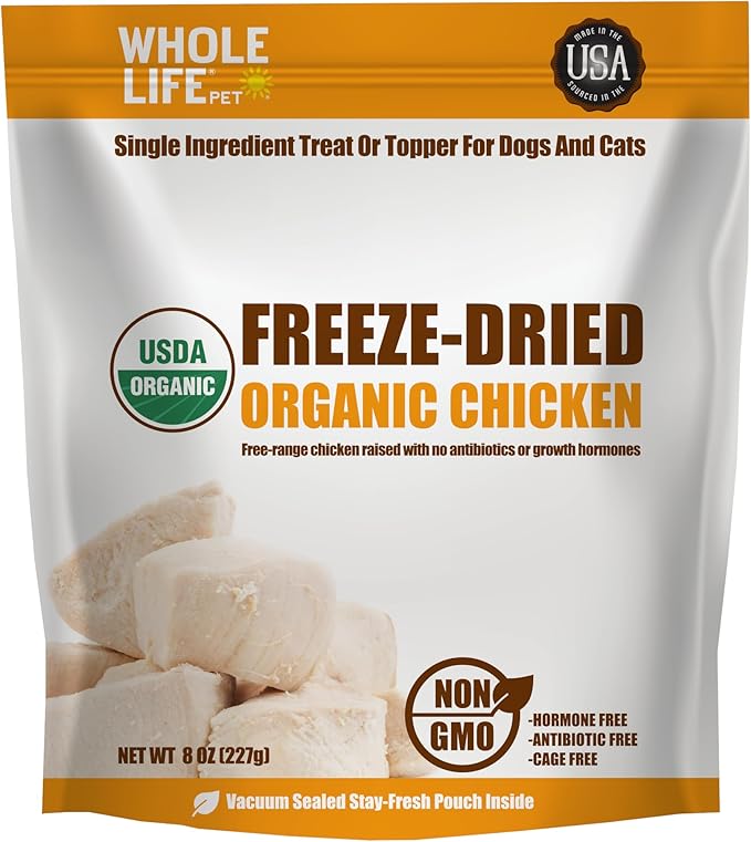 Whole Life Pet USDA Certified Organic Chicken - Dog & Cat Treat Or Topper - Human Grade, Freeze Dried, One Ingredient - Protein Rich, Grain Free, Made in The USA