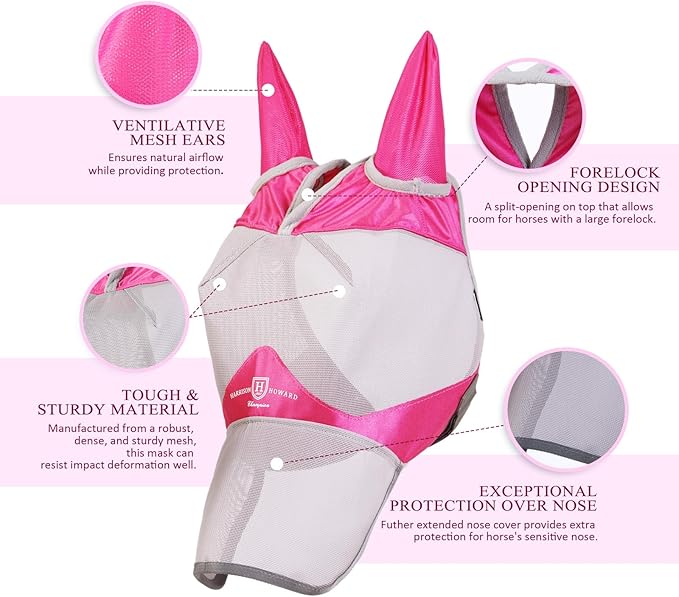 Harrison Howard Full Face Horse Fly Mask UV Protection and Breathable Mask for Equine Use Comfortable Fly Mask for Horses Magenta XS