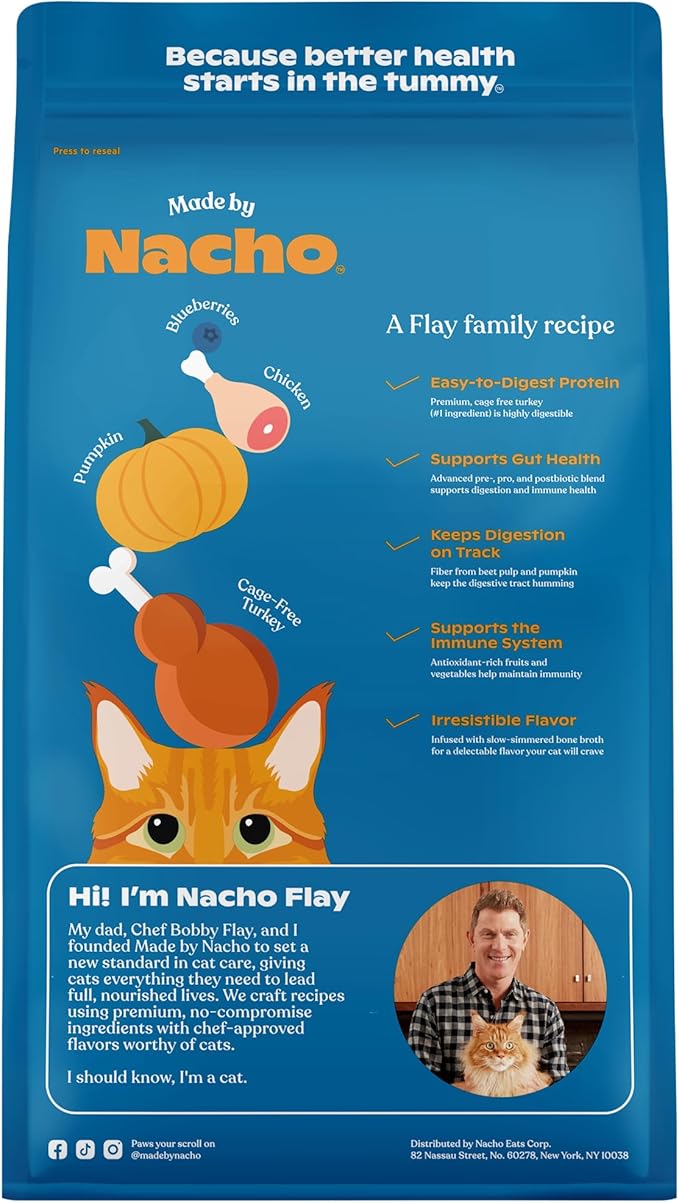 Made by Nacho Bone Broth Infused Dry Cat Kibble - Digestive Support, Cage-Free Turkey and Pumpkin - Premium Grain-Friendly Cat Food 4lb Bag, Limited Ingredients