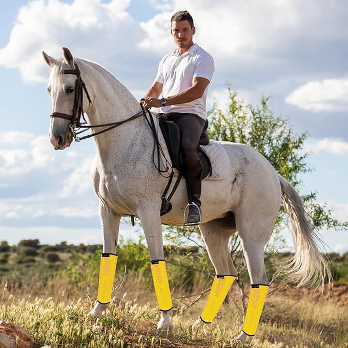 Horse Fly Boots, Adjustable Fly Boots for Horses Set of 4, Comfortable Horse Leggings, Breathable Plastic Mesh Material, Horse Supplies for Reduces Stress & Leg Fatigue (Yellow)