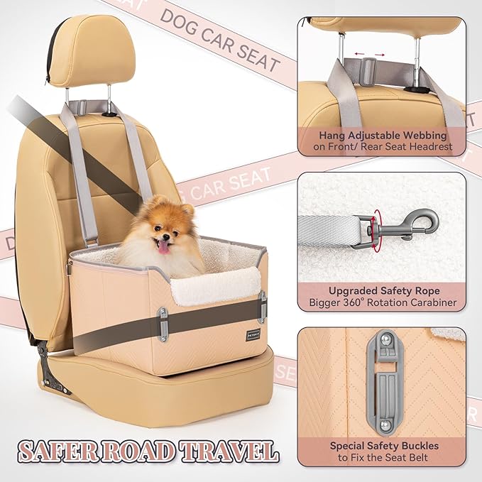 PETSFIT Cat Car Seat, Waterproof PU Leather Dog Booster Car Seat with Patent Safe Buckles, Clip-On Leash, Pet Travel Carrier Bed for Small Pets Up to 25lbs (Orange)