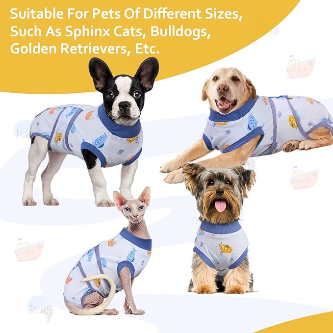 FUAMEY Recovery Suit for Dogs After Surgery,Soft Breathable Dog Bodysuit E-Collar & Cone Alternative Surgical Suit,Male Female Dog Neuter Spay Suits Anti Licking Wounds Onesie Blue Boat XS