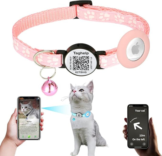 Airtag Cat Collar Breakaway with Bell,Reflective Kitten Collar with Apple Airtag Cat Collar Holder,Safety Buckle for Girl Boy Cats,Pet Supplies,Accessories,Gifts (Pink Cute paw Print)