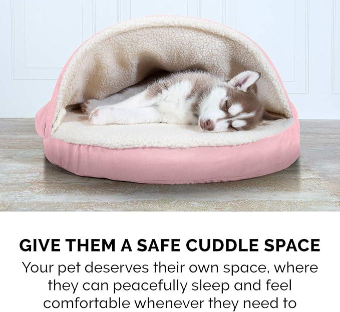 Furhaven 35" Round Cooling Gel Dog Bed for Large/Medium Dogs w/ Removable Washable Cover, For Dogs Up to 50 lbs - Sherpa & Suede Snuggery - Pink, 35-inch