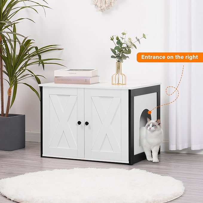 Dwanton Litter Box Enclosure, Cat Litter Box Furniture Hidden, Reversible Entrance Can Be on Left or Right Side, Wooden Cat Washroom Indoor, Fit Most of Litter Box, White