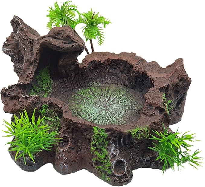 Tfwadmx Reptile Feeding Bowl,Resin Beared Dragon Food Water Dish Tank Decor with Artificial Plants for Lizard Gecko Chameleon Frog Turtle Spider