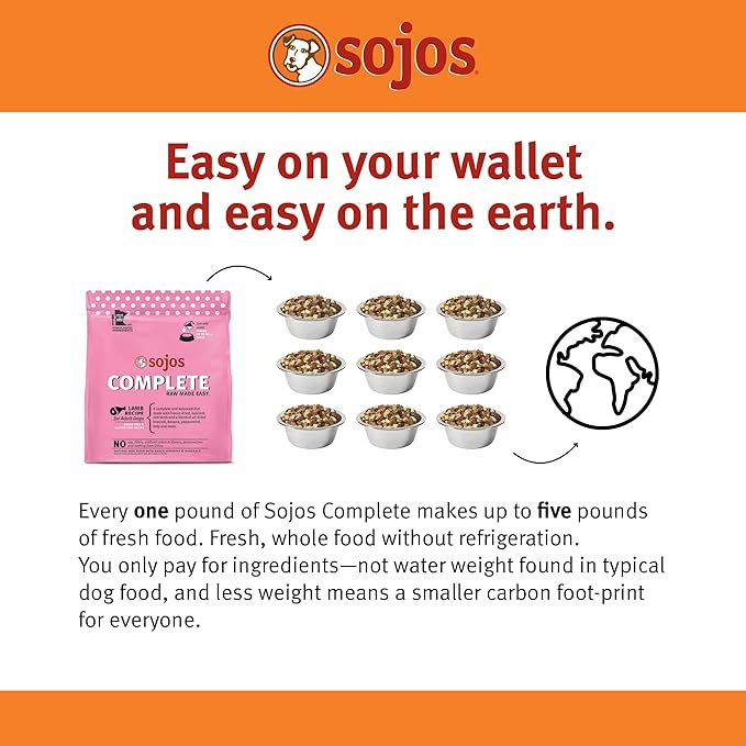 Sojos Complete Lamb Recipe Adult Grain-Free Freeze-Dried Raw Dog Food, 1.75 Pound Bag