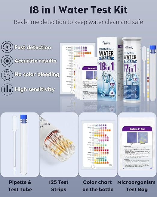 Pawfly 18 in 1 Drinking Water Test Kit, 125 Strips for Tap Water Well Swimming Pool Aquarium Spa, Home Water Quality Test Strips for pH Hardness Chlorine Lead Iron Copper Nitrate Fluoride & More