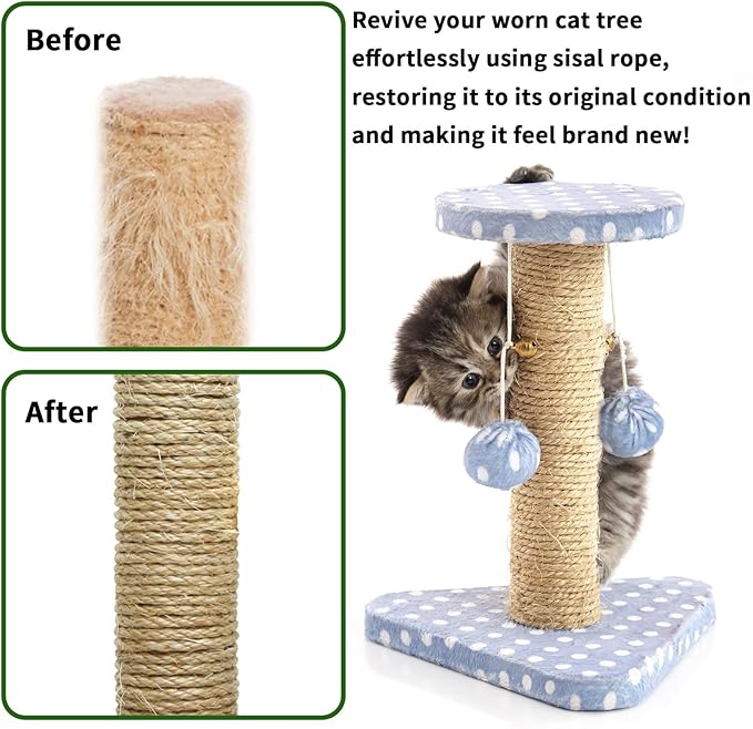 Cat Natural Sisal Rope 1/4 Inch 6mm 164-Feet for Cat Scratching Post Tree Tower Replacement Repair and Replace, DIY Hemp Twine Rope for Cat Scratching Furniture Window Perch and Crafts Gardening