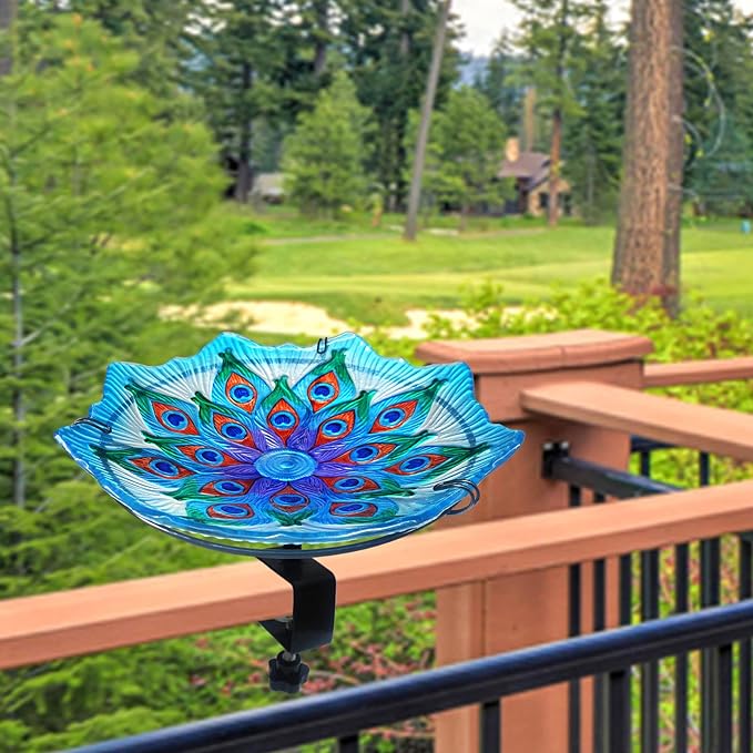 Deck Mounted Bird Bath for Outside, Deck Bird Bath for Railings, Glass Peacock Bird Baths Bowl Bird Feeders with Heavy Duty Adjustable Base, Railing Birdbath for Deck, Balcony, Fence-Peacock Blue