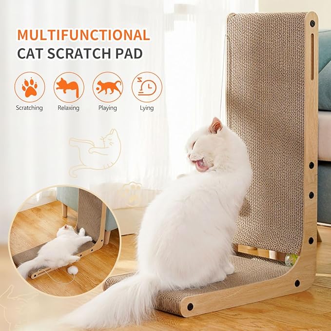 Cat Scratcher, Cat Scratching Post, Cardboard Cat Scratching Board with Ball Toy, Large Vertical L Shape Cat Scratcher Scratch Pads Cat Toys for Indoor Cats, Catnip