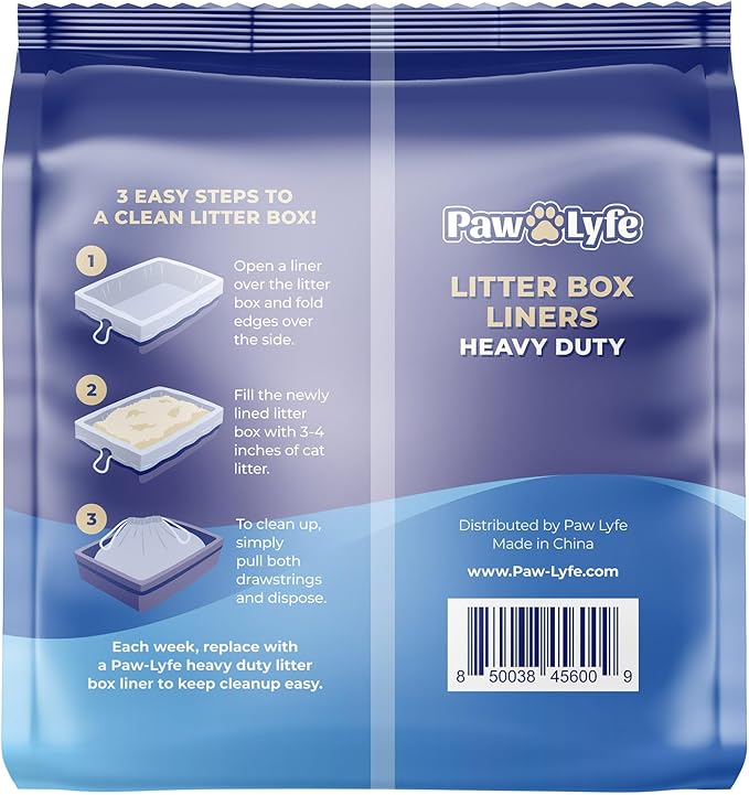 PawLyfe Litter Box Liners: Heavy Duty - Thickest Litter Liner on the Market 4MIL - Tear & Leak Resistant - Drawstring Close - Jumbo, 36” x 18” - 20 Count Jumbo Size Draw String Litter Liners for Cats