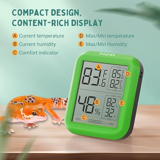 Reptile Terrarium Thermometer Hygrometer with Max/min Record Digital Display for Bearded Dragon Tank Accessories Crested Gecko Snake Leopard Gecko Tortoise Habitat Hermit Crab, TR-1A