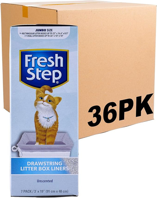 Fresh Step Drawstring Large Litter Box Liners | Heavy Duty Liners for Cat Litter Box | Scented & Unscented Available | Quick & Easy Cleanup, Unscented, Jumbo - 36 Pack