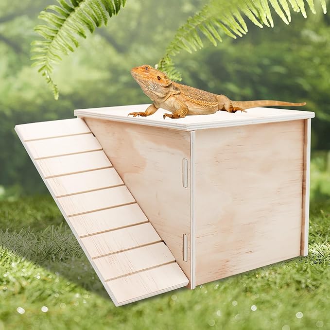 Large Bearded Dragon Hide Cave, Wooden Lizard Hideout with Climbing Ramp, Reptile Habitat with Basking Platform, Tank Accessories for Bearded Dragon Lizard Chameleon Hamster 11.3 x 9.1 x 7.1 Inch