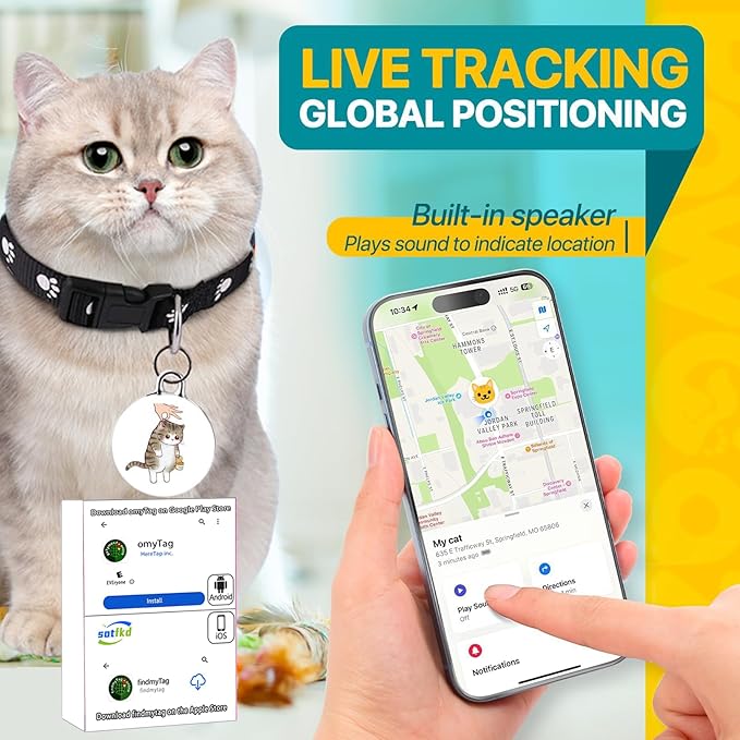 Cat Tracker-Cat Tracker Collar-Pet Trackers | Android and iOS Universal | No Monthly Fee | No Charging Required | Waterproof | Works with Any Collar