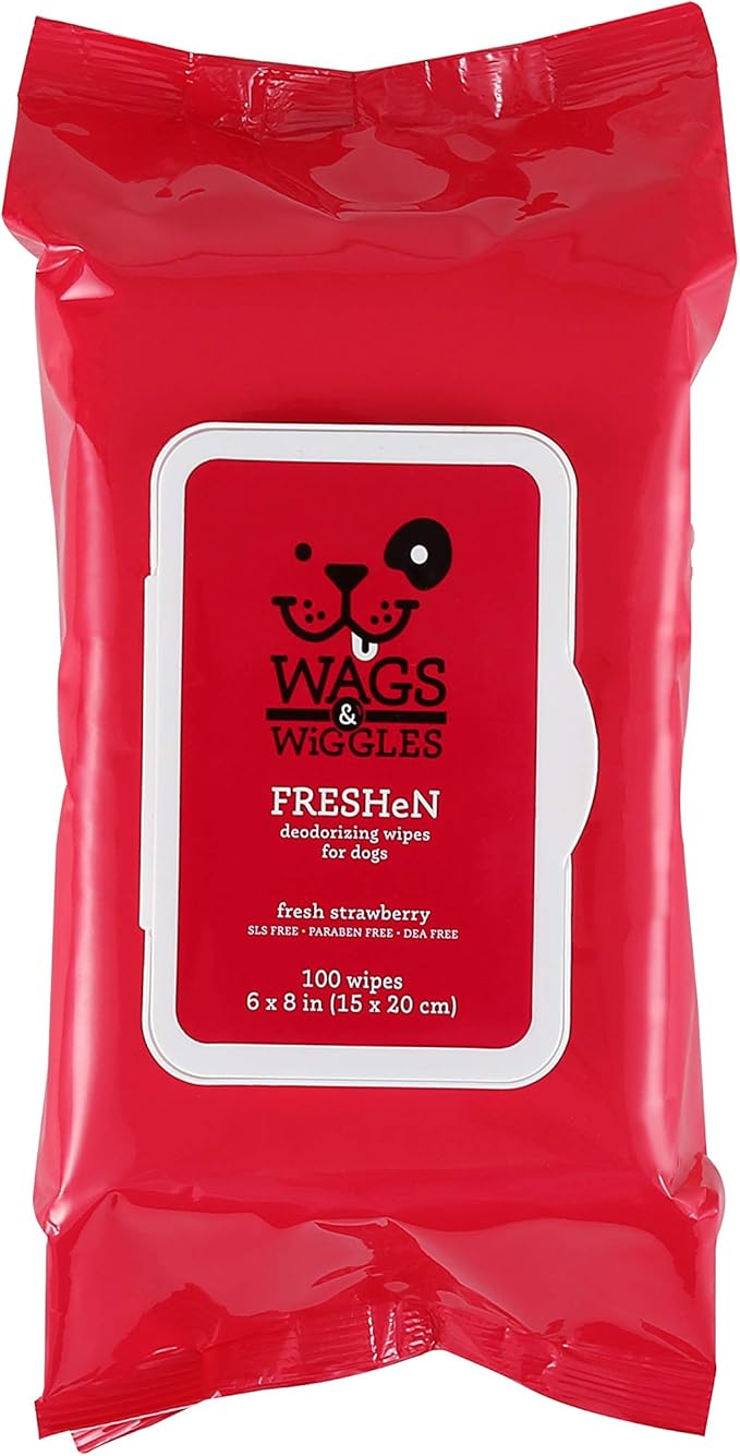 Wags & Wiggles Freshen Deodorizing Wipes for Dogs Eliminate Odors from Your Dog's Coat Fresh Strawberries Easy and Convenient Way to Freshen Your Pet Without A Bath (Pack of 1,100 Count Total)