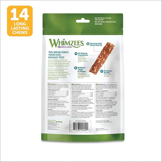 WHIMZEES by Wellness Veggie Strip Natural Dental Chews for Dogs, Long Lasting Treats, Grain-Free, Freshens Breath, Medium Breed, 14 count