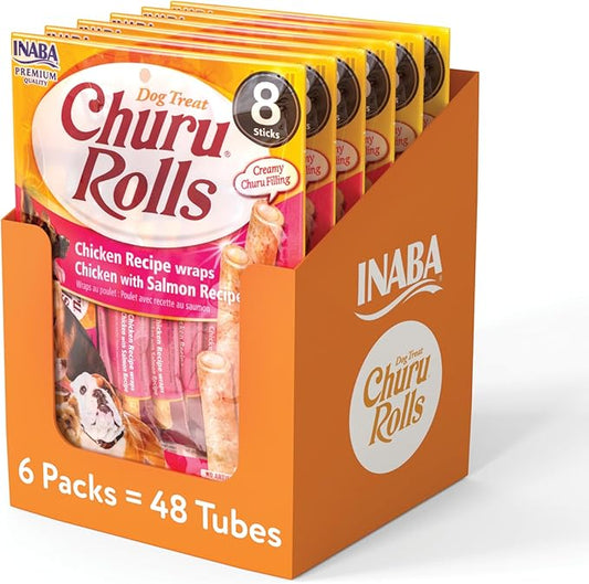 INABA Churu Rolls for Dogs, Grain-Free, Soft/Chewy Baked Chicken Wrapped Churu Filled Dog Treats, 0.42 Ounces Each Stick| 48 Stick Treats Total (8 Sticks per Pack), Chicken with Salmon Recipe