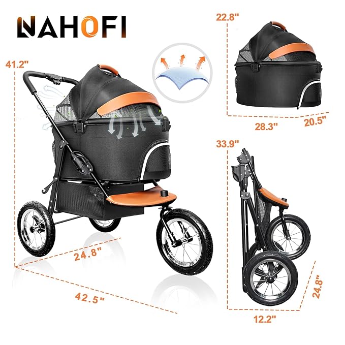 Dog Strollers for Medium Small Pet - 3 in 1 Pet Stroller Cats/Dogs, Zipperless Entry, Jogging Tires, 3 Wheels with Detachable Dog Carriage, Storage Basket and Easy One-Hand Fold