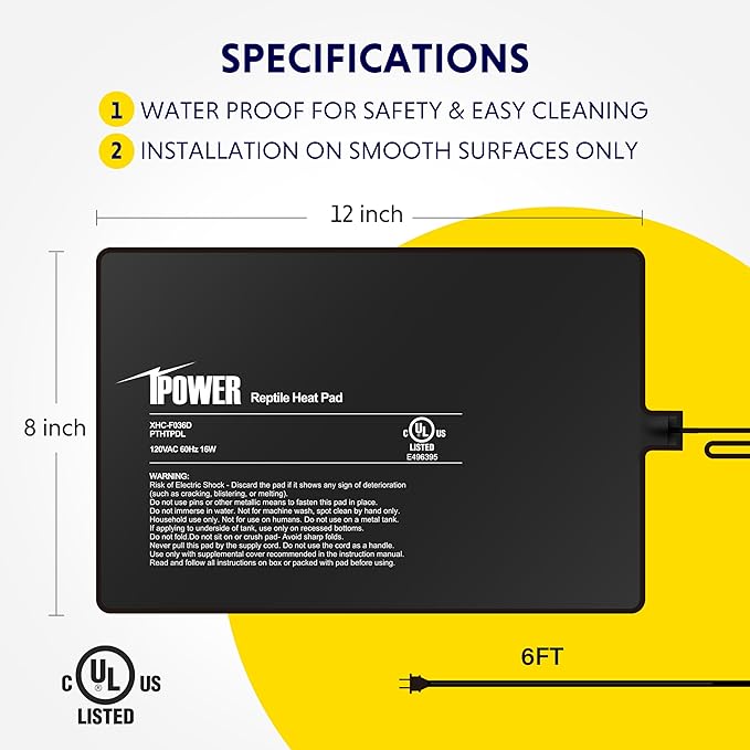 iPower Reptile Heat Pad 8 by12 Inch Under Tank Terrarium Warmer 16W Heating Mat for Turtle, Lizard, Frog, Snake, Hermit Crab and Other Small Animals