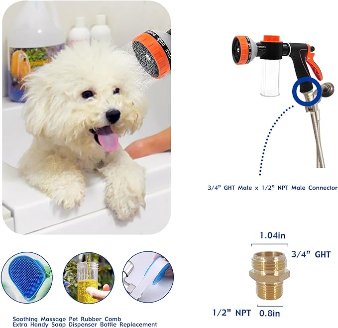 Dog Shower Attachment Sprayer Nozzles with 3/4” GHT Male x 1/2” NPT Male Connector for Garden Hose Dog Wash Sprayer with Soap Dispenser Hose Shampoo Nozzle Sprayer for Indoor Outdoor Pet Pup Dog Wash